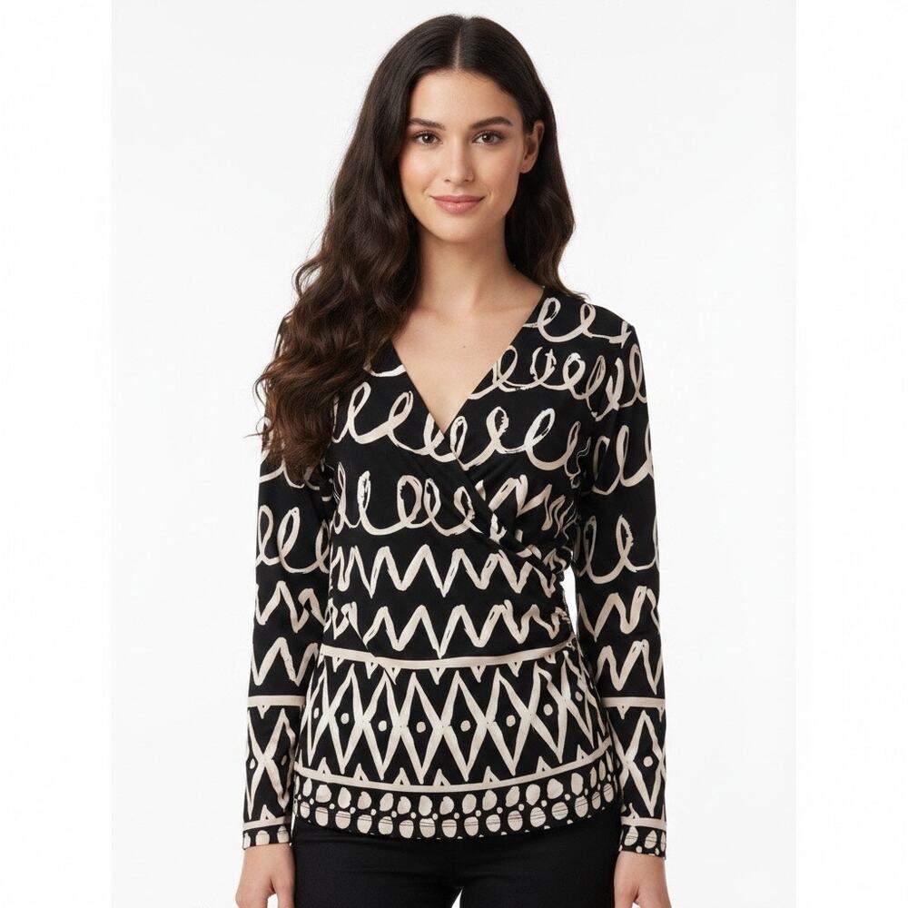 Chicos Black Cream Abstract V Neck Long Sleeve Top Office Faux Wrap Sz 1 Medium